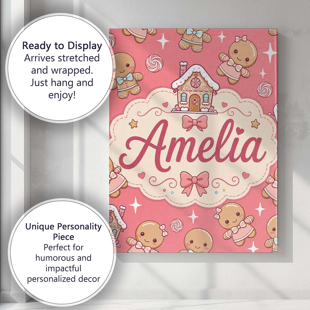 Personalised Name Cute Christmas Gingerbread Custom Bespoke Contemporary Display Canvas Wall Art Print Decor Picture Ready to Hang