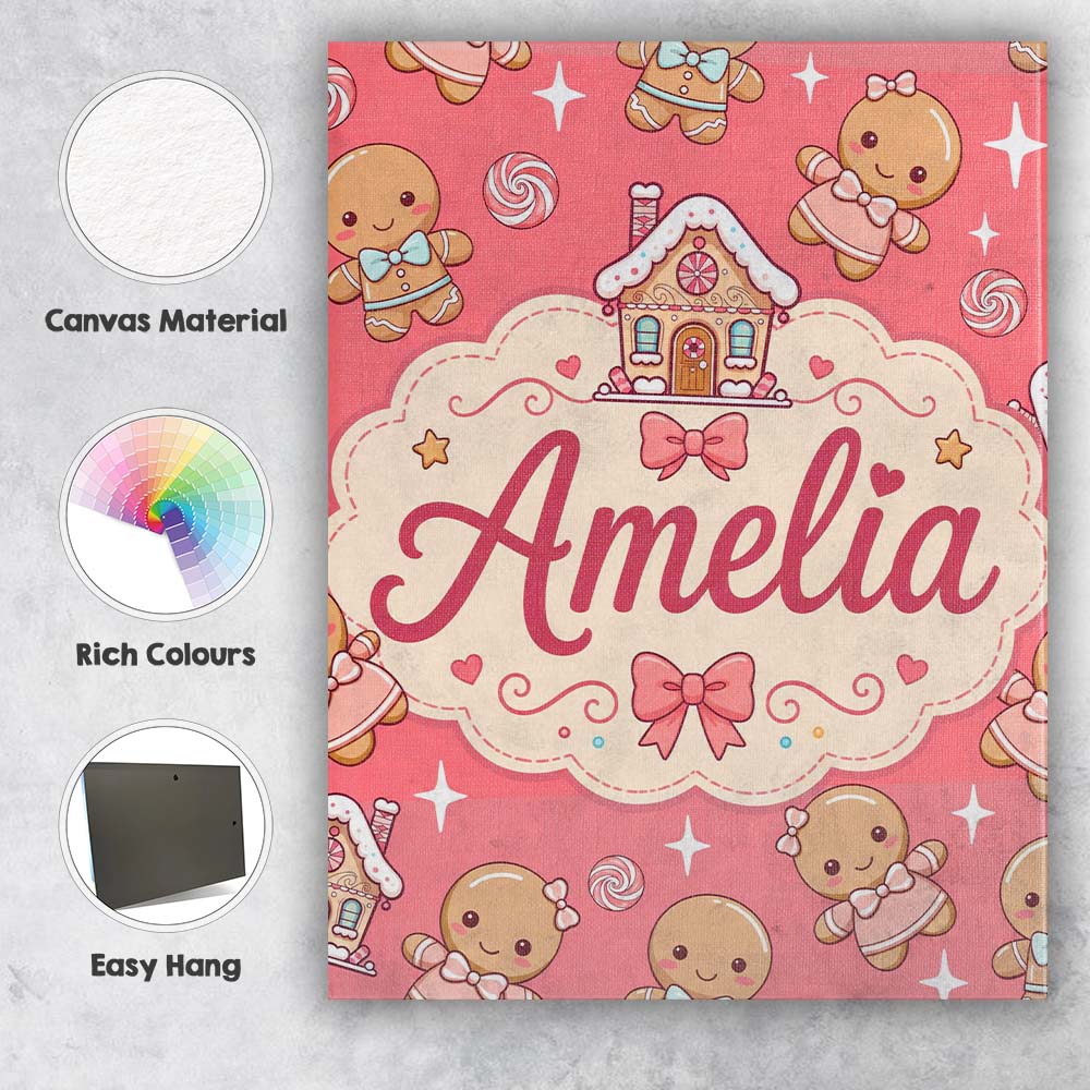 Personalised Name Cute Christmas Gingerbread Custom Bespoke Contemporary Display Canvas Wall Art Print Decor Picture Ready to Hang