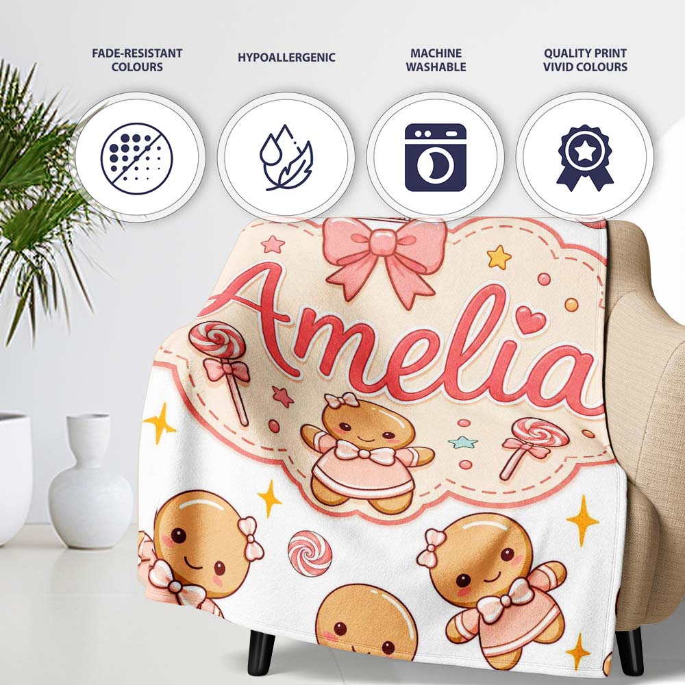 Cute Christmas Gingerbread Characters Candy House White Star Lovely Personalised Custom Name Super Soft Fleece Blanket Bed Sofa Throw
