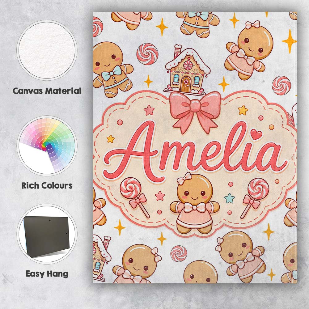 Personalised Name Cute Christmas Gingerbread Custom Bespoke Contemporary Display Canvas Wall Art Print Decor Picture Ready to Hang