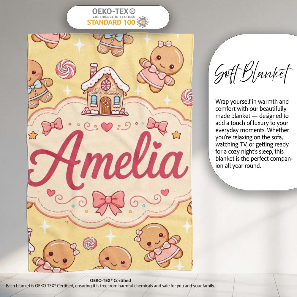 Cute Christmas Gingerbread Characters Candy House Pattern Yellow Personalised Custom Name Super Soft Fleece Blanket Bed Sofa Throw