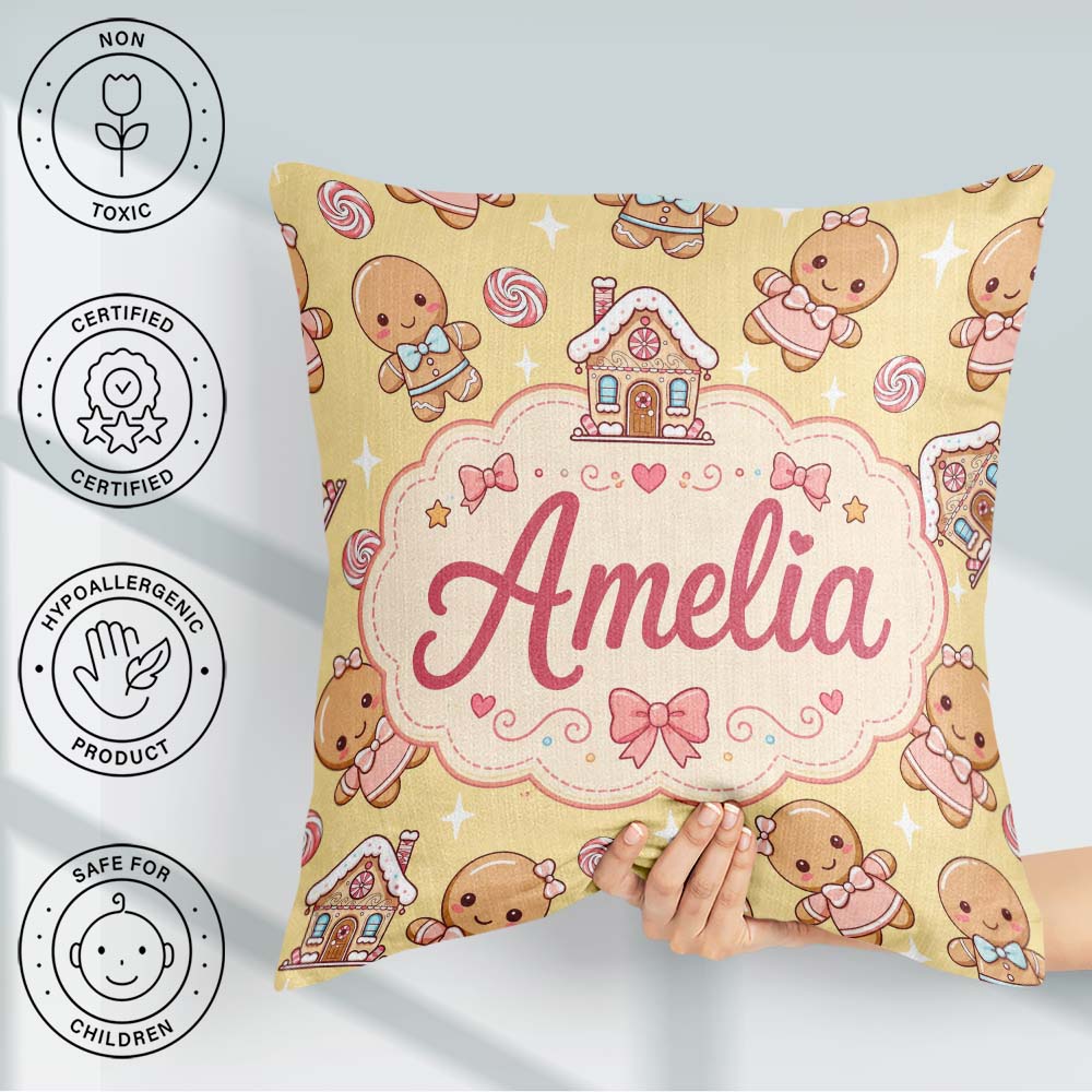 Custom Name Cute Christmas Characters Candy House Pattern Yellow Square Filled Cushion Throw Pillow Sofa Bed Home Decor Zip Washable UK Made