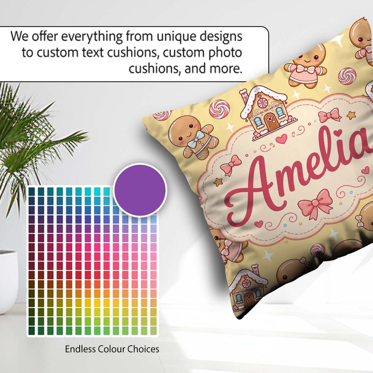 Custom Name Cute Christmas Characters Candy House Pattern Yellow Square Filled Cushion Throw Pillow Sofa Bed Home Decor Zip Washable UK Made