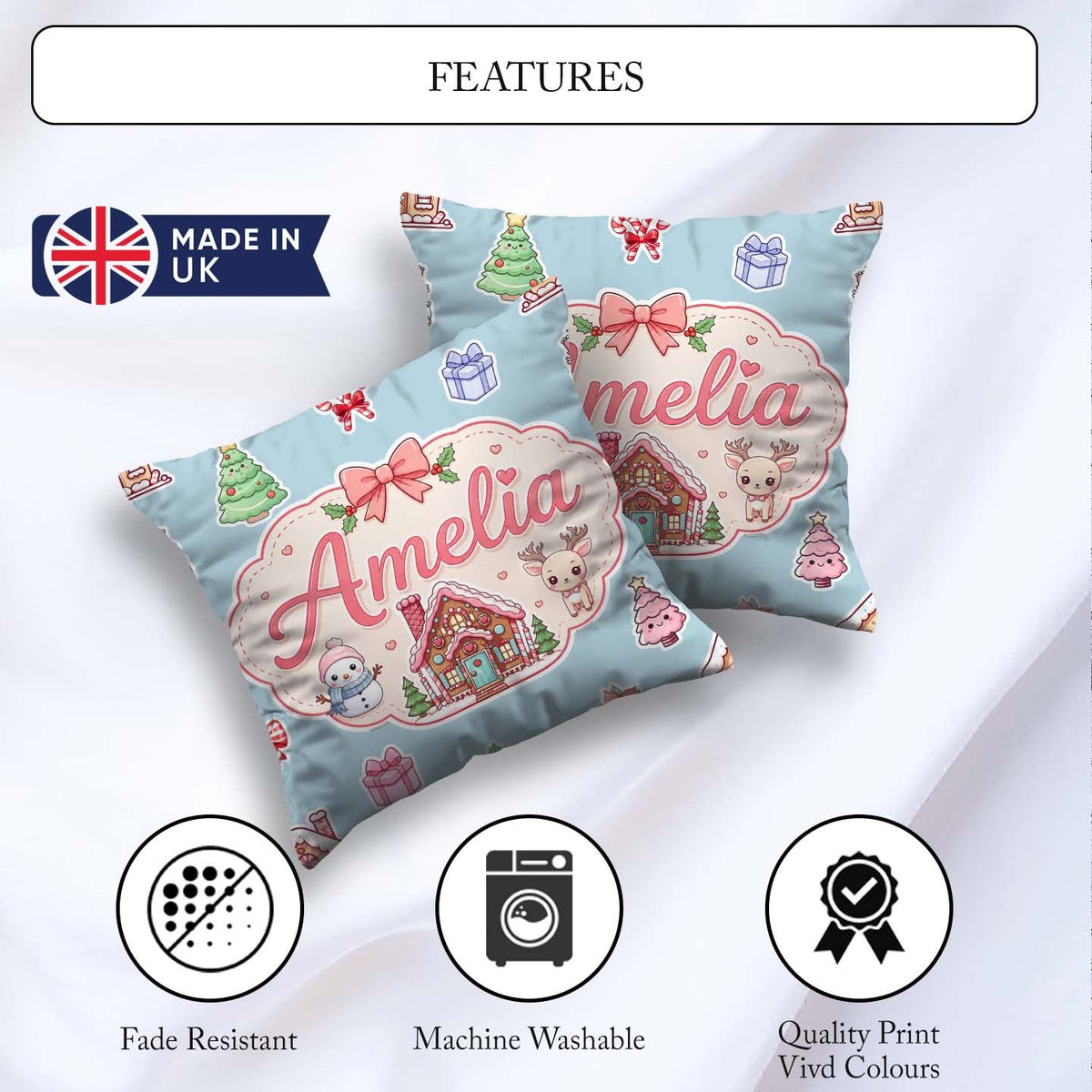 Custom Name Christmas Festive Stickers Snowman Tree Pattern Blue Square Filled Cushion Throw Pillow Sofa Bed Home Decor Zip Washable UK Made