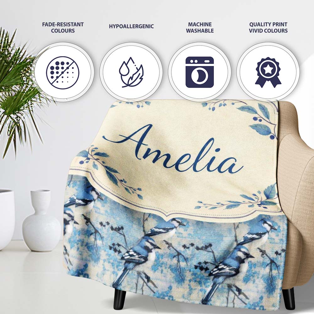 Blue Jay Bird Minimal Branch Blossom Seamless Soft Grey Botanical Personalised Custom Name Super Soft Fleece Blanket Bed Sofa Throw