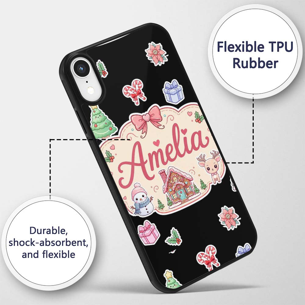 Cute Christmas Festive Stickers Snowman Tree Custom Name Protective Phone Case Mobile Cover Durable Everyday Smartphone Shock Resistant