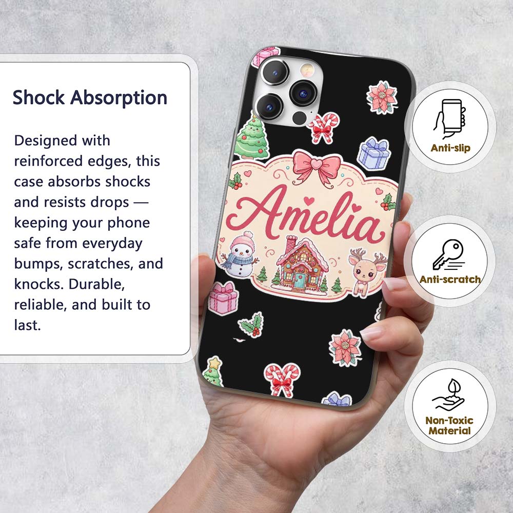 Cute Christmas Festive Stickers Snowman Tree Custom Name Protective Phone Case Mobile Cover Durable Everyday Smartphone Shock Resistant
