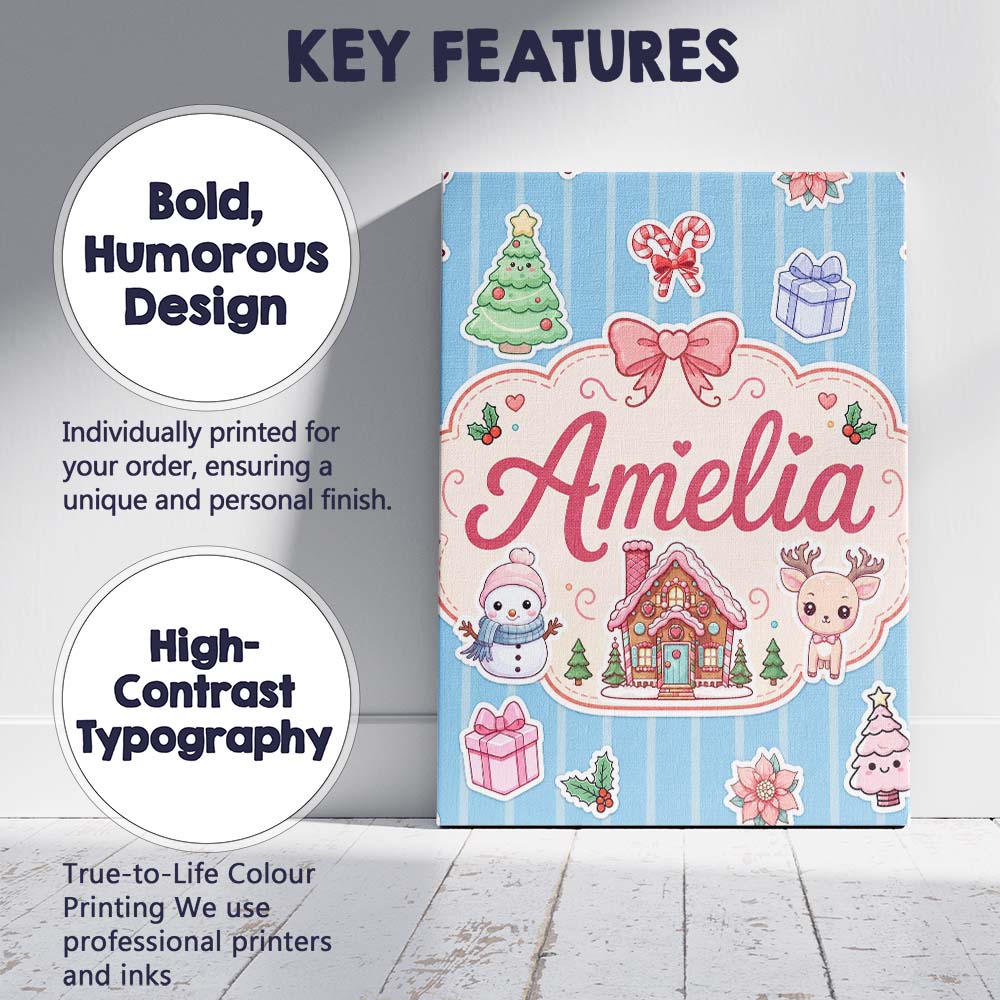 Personalised Name Cute Christmas Festive Custom Unique Gift Idea Elegant Feature Canvas Wall Art Print Decor Picture Ready to Hang