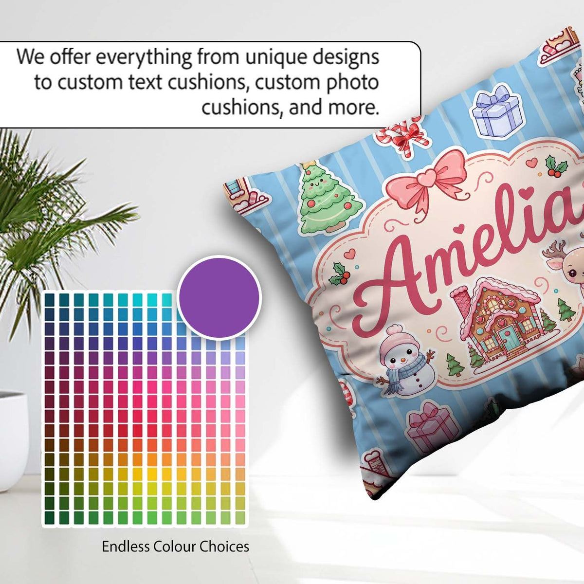 Custom Name Christmas Festive Gingerbread House Tree Blue Stripe Square Filled Cushion Throw Pillow Sofa Bed Home Decor Zip Washable UK Made