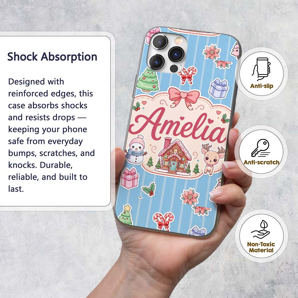 Cute Christmas Festive Stickers Gingerbread House Custom Name Protective Phone Case Mobile Cover Durable Everyday Smartphone Shock Resistant