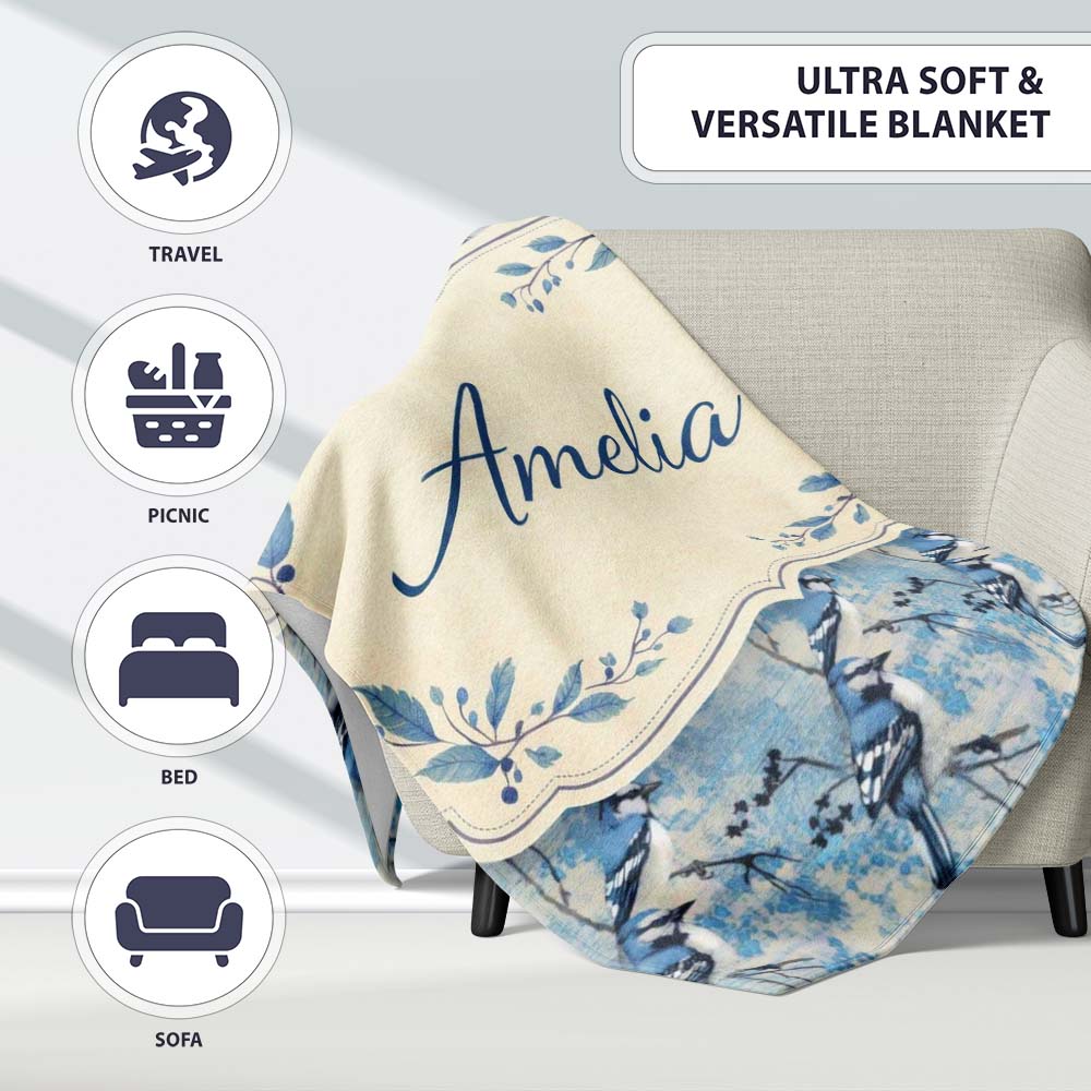 Blue Jay Bird Minimal Branch Blossom Seamless Soft Grey Botanical Personalised Custom Name Super Soft Fleece Blanket Bed Sofa Throw
