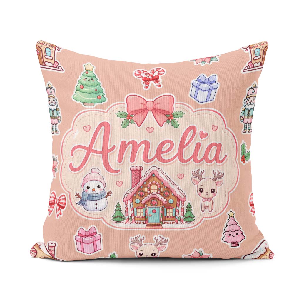 Custom Name Cute Christmas Stickers Gingerbread House Tree Beige Square Filled Cushion Throw Pillow Sofa Bed Home Decor Zip Washable UK Made