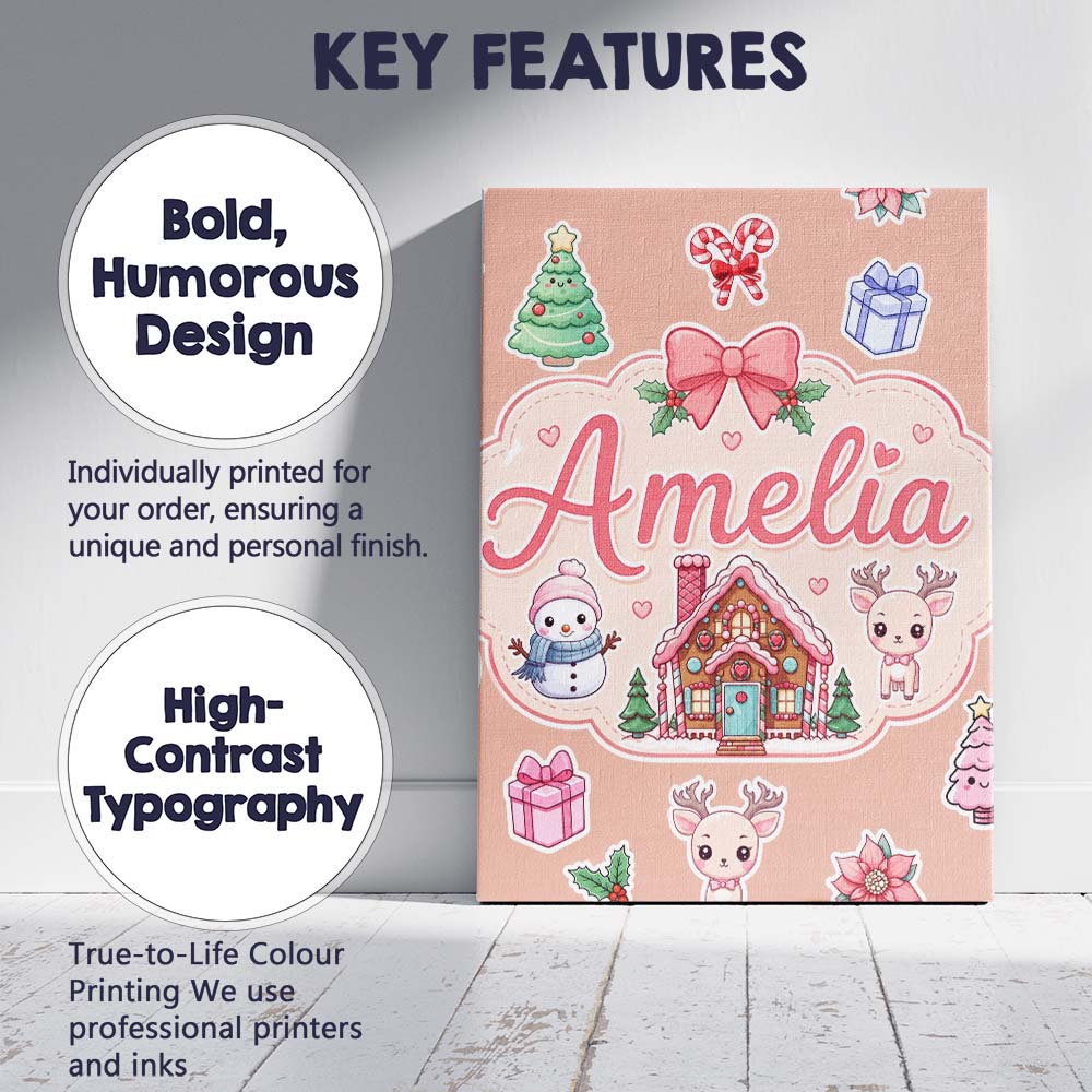 Personalised Name Cute Christmas Festive Custom Unique Gift Idea Elegant Feature Canvas Wall Art Print Decor Picture Ready to Hang