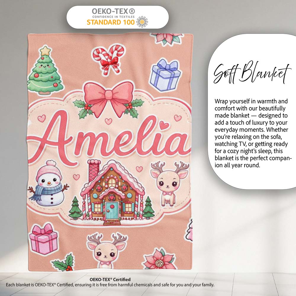 Cute Christmas Festive Stickers Gingerbread House Tree Beige Lovely Personalised Custom Name Super Soft Fleece Blanket Bed Sofa Throw