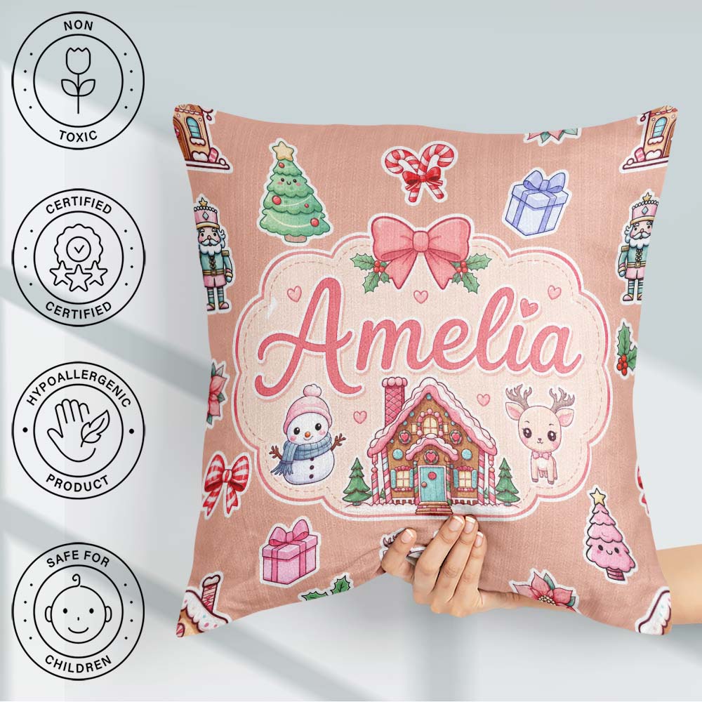 Custom Name Cute Christmas Stickers Gingerbread House Tree Beige Square Filled Cushion Throw Pillow Sofa Bed Home Decor Zip Washable UK Made