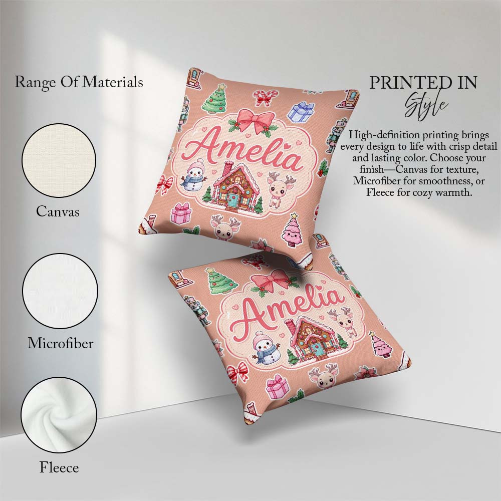 Custom Name Cute Christmas Stickers Gingerbread House Tree Beige Square Filled Cushion Throw Pillow Sofa Bed Home Decor Zip Washable UK Made