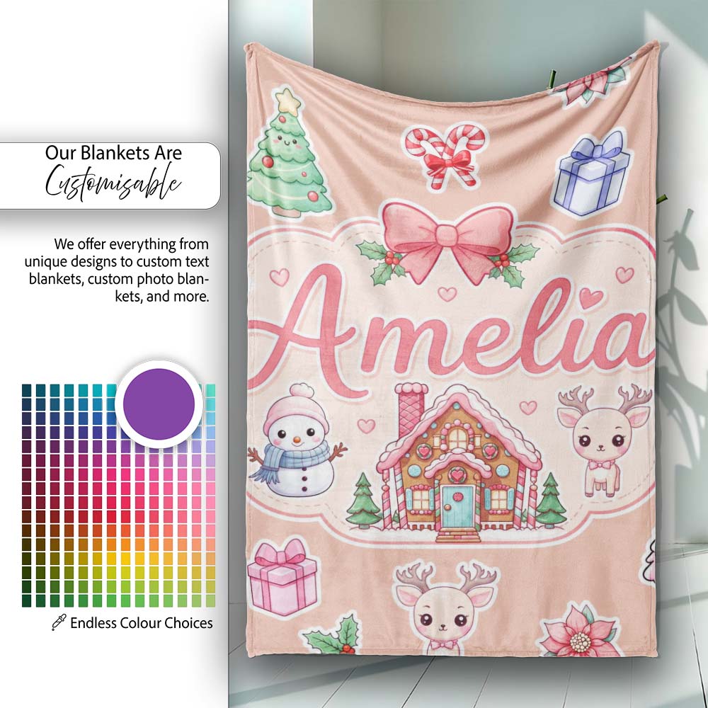 Cute Christmas Festive Stickers Gingerbread House Tree Beige Lovely Personalised Custom Name Super Soft Fleece Blanket Bed Sofa Throw