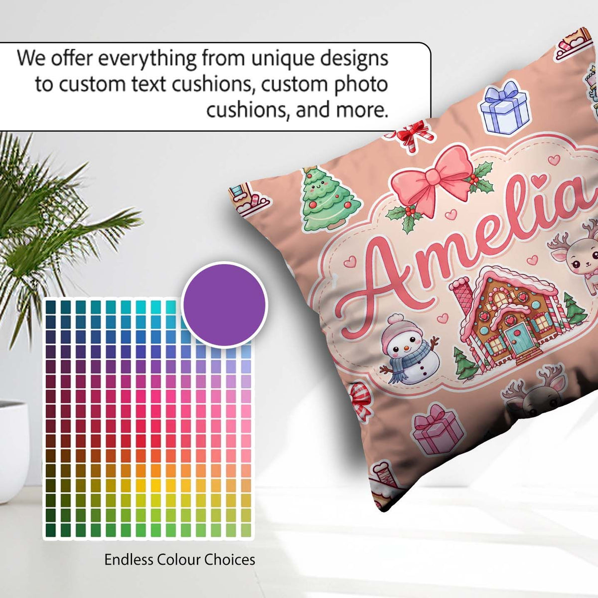 Custom Name Cute Christmas Stickers Gingerbread House Tree Beige Square Filled Cushion Throw Pillow Sofa Bed Home Decor Zip Washable UK Made