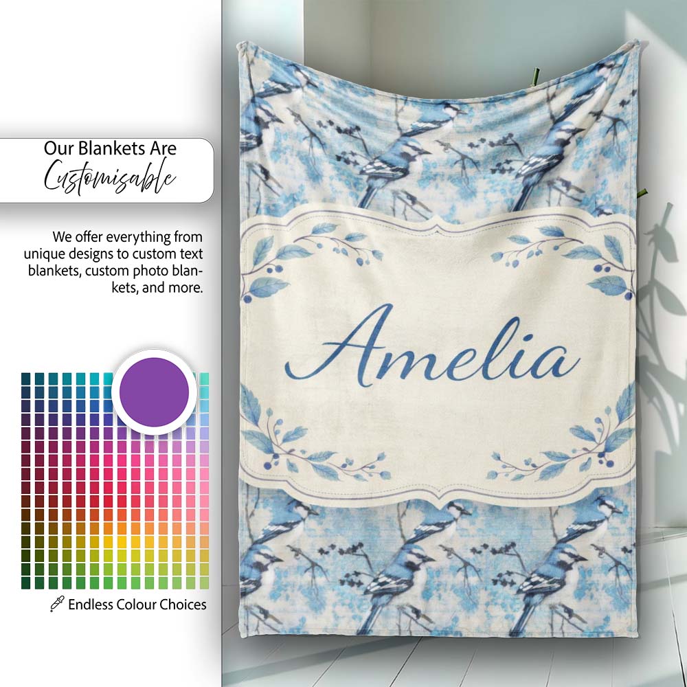 Blue Jay Bird Minimal Branch Blossom Seamless Soft Grey Botanical Personalised Custom Name Super Soft Fleece Blanket Bed Sofa Throw