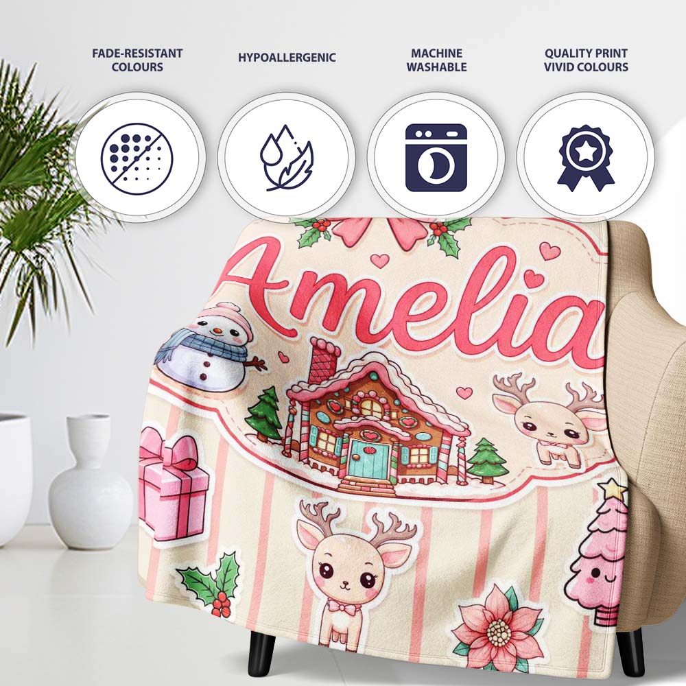Cute Christmas Festive Stickers Gingerbread House Tree Cream Stripe Personalised Custom Name Super Soft Fleece Blanket Bed Sofa Throw