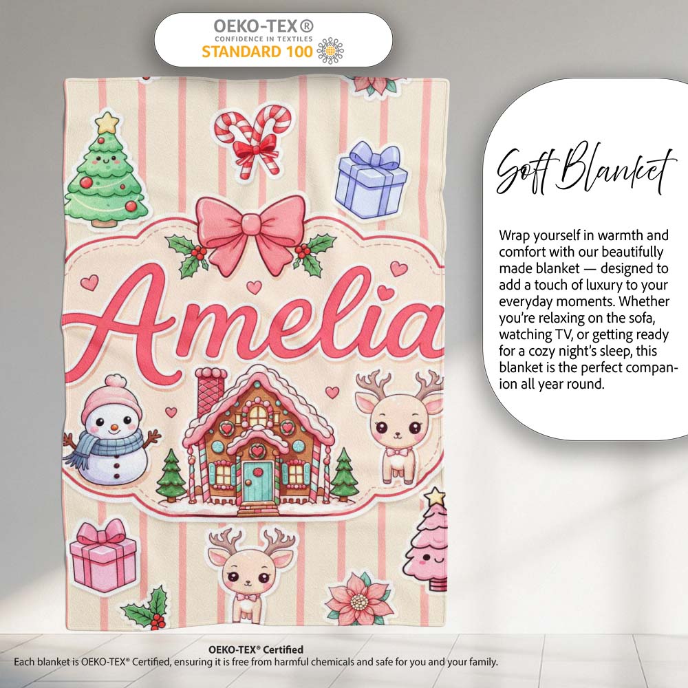 Cute Christmas Festive Stickers Gingerbread House Tree Cream Stripe Personalised Custom Name Super Soft Fleece Blanket Bed Sofa Throw
