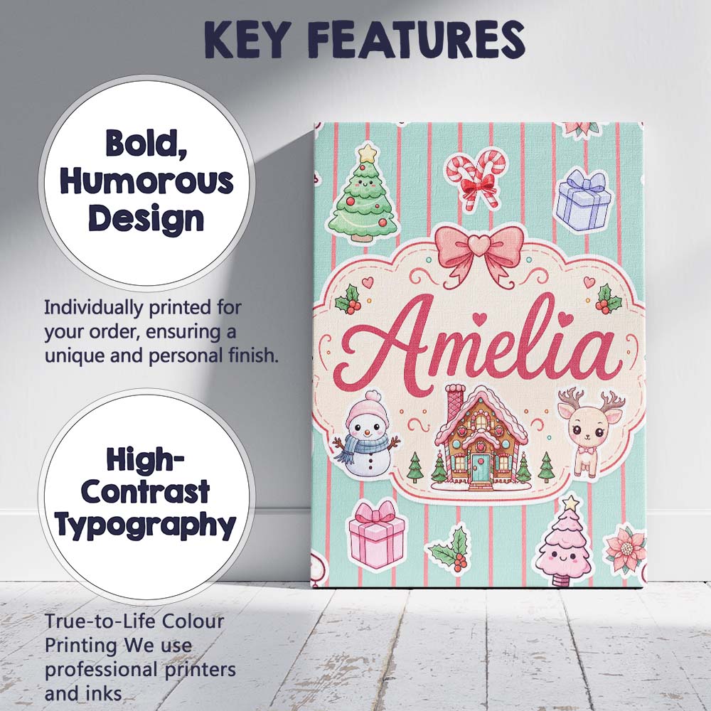 Personalised Name Cute Christmas Festive Custom Unique Gift Idea Elegant Feature Canvas Wall Art Print Decor Picture Ready to Hang
