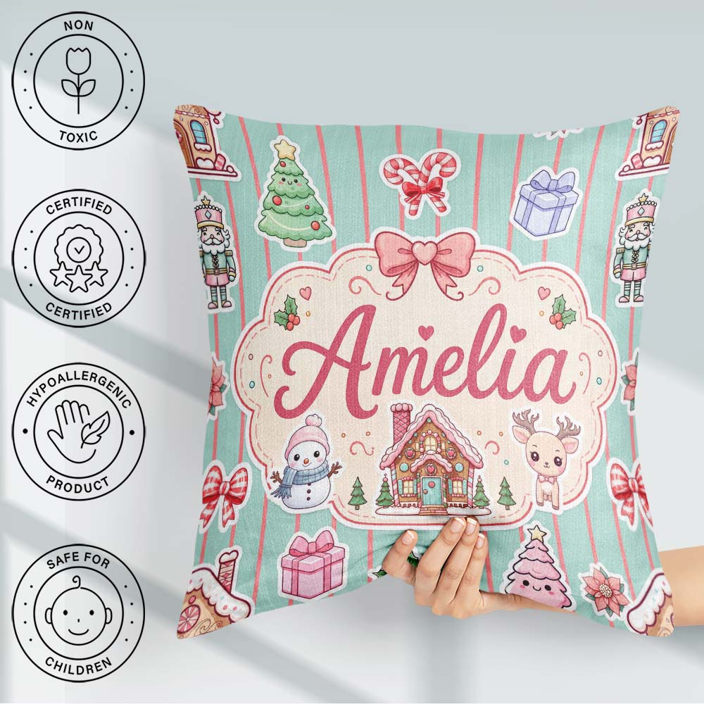 Custom Name Christmas Festive Gingerbread House Tree Teal Stripe Square Filled Cushion Throw Pillow Sofa Bed Home Decor Zip Washable UK Made