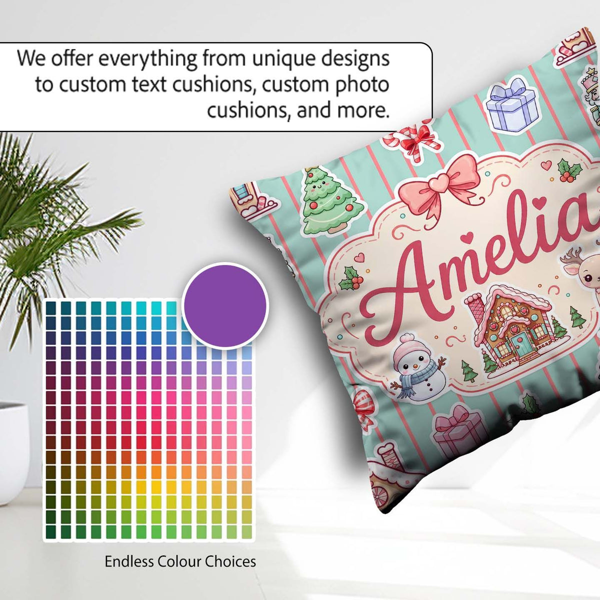 Custom Name Christmas Festive Gingerbread House Tree Teal Stripe Square Filled Cushion Throw Pillow Sofa Bed Home Decor Zip Washable UK Made