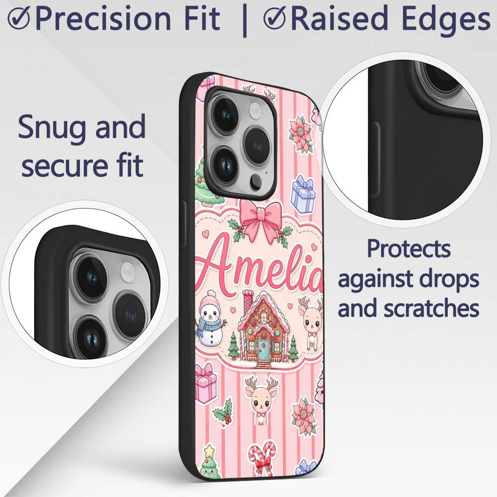 Christmas Festive Stickers Gingerbread House Tree Custom Name Protective Phone Case Mobile Cover Durable Everyday Smartphone Shock Resistant