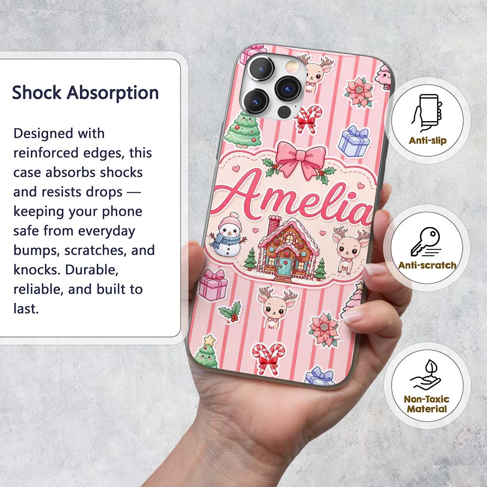 Christmas Festive Stickers Gingerbread House Tree Custom Name Protective Phone Case Mobile Cover Durable Everyday Smartphone Shock Resistant