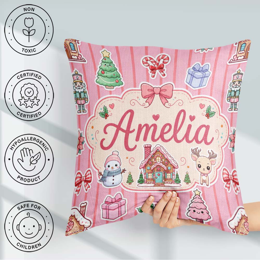 Custom Name Christmas Festive Gingerbread House Tree Pink Stripe Square Filled Cushion Throw Pillow Sofa Bed Home Decor Zip Washable UK Made