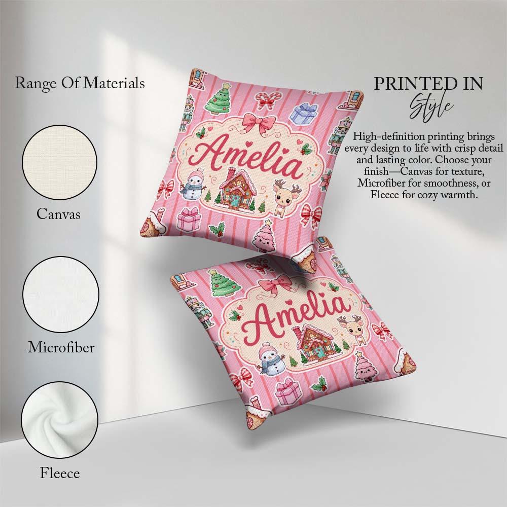 Custom Name Christmas Festive Gingerbread House Tree Pink Stripe Square Filled Cushion Throw Pillow Sofa Bed Home Decor Zip Washable UK Made