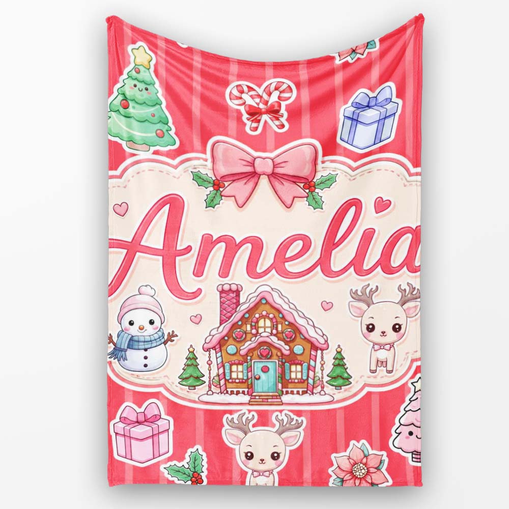 Cute Christmas Festive Stickers Gingerbread House Tree Red Stripe Personalised Custom Name Super Soft Fleece Blanket Bed Sofa Throw