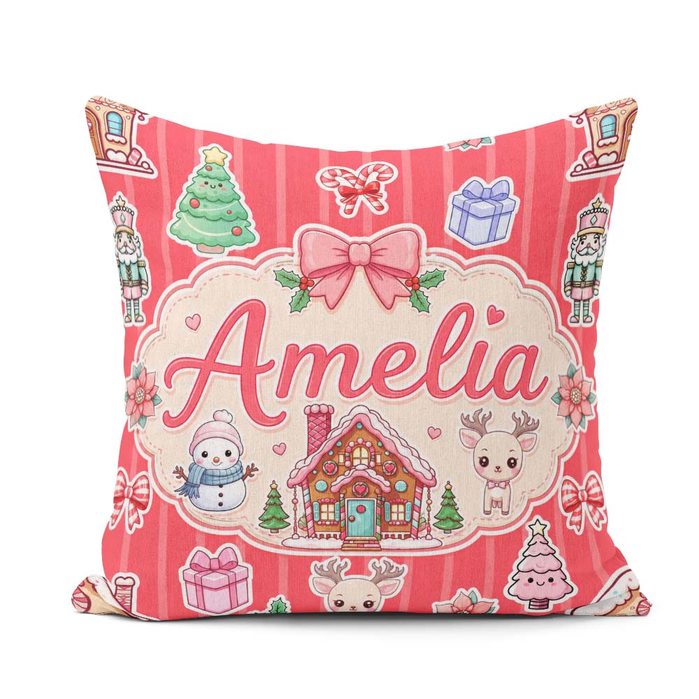 Custom Name Christmas Stickers Gingerbread House Tree Red Stripe Square Filled Cushion Throw Pillow Sofa Bed Home Decor Zip Washable UK Made
