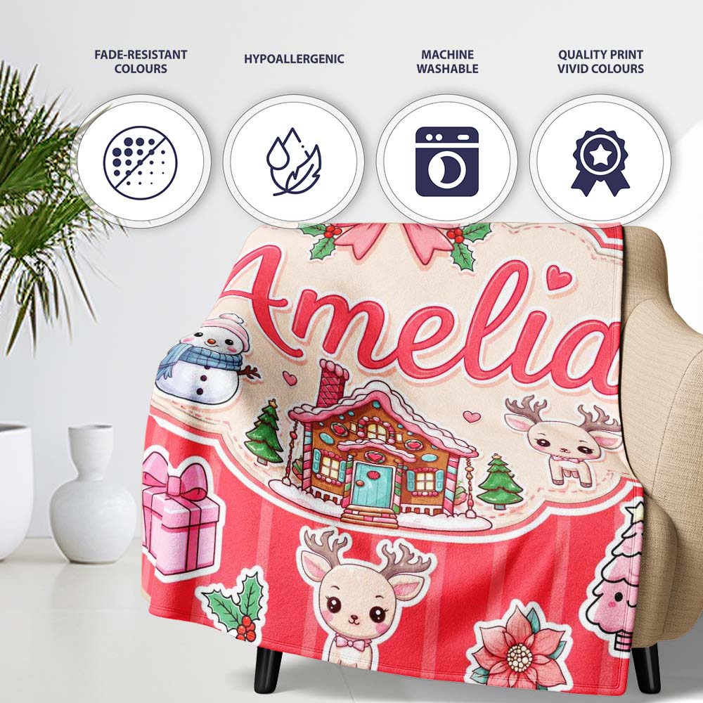 Cute Christmas Festive Stickers Gingerbread House Tree Red Stripe Personalised Custom Name Super Soft Fleece Blanket Bed Sofa Throw