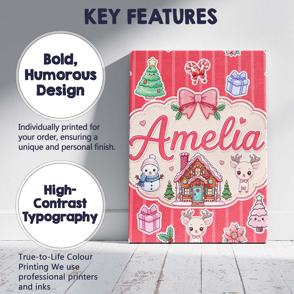 Personalised Name Cute Christmas Festive Custom Unique Gift Idea Elegant Feature Canvas Wall Art Print Decor Picture Ready to Hang