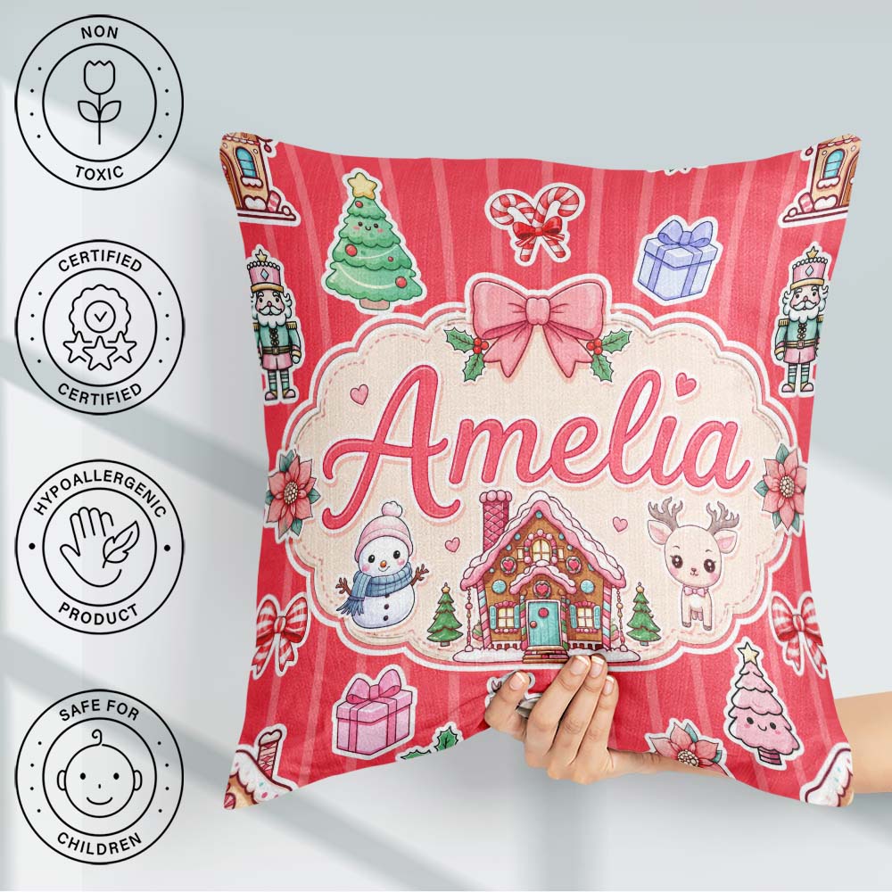 Custom Name Christmas Stickers Gingerbread House Tree Red Stripe Square Filled Cushion Throw Pillow Sofa Bed Home Decor Zip Washable UK Made