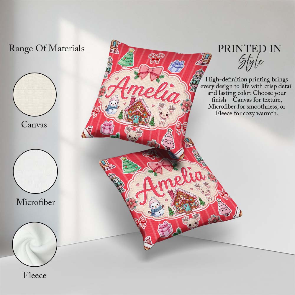 Custom Name Christmas Stickers Gingerbread House Tree Red Stripe Square Filled Cushion Throw Pillow Sofa Bed Home Decor Zip Washable UK Made
