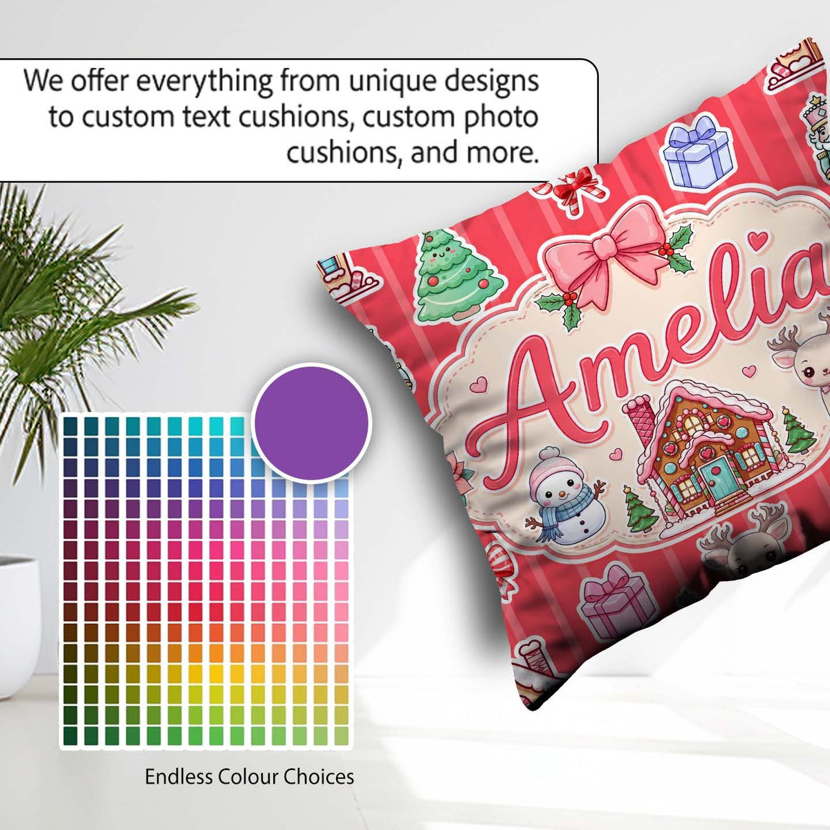 Custom Name Christmas Stickers Gingerbread House Tree Red Stripe Square Filled Cushion Throw Pillow Sofa Bed Home Decor Zip Washable UK Made