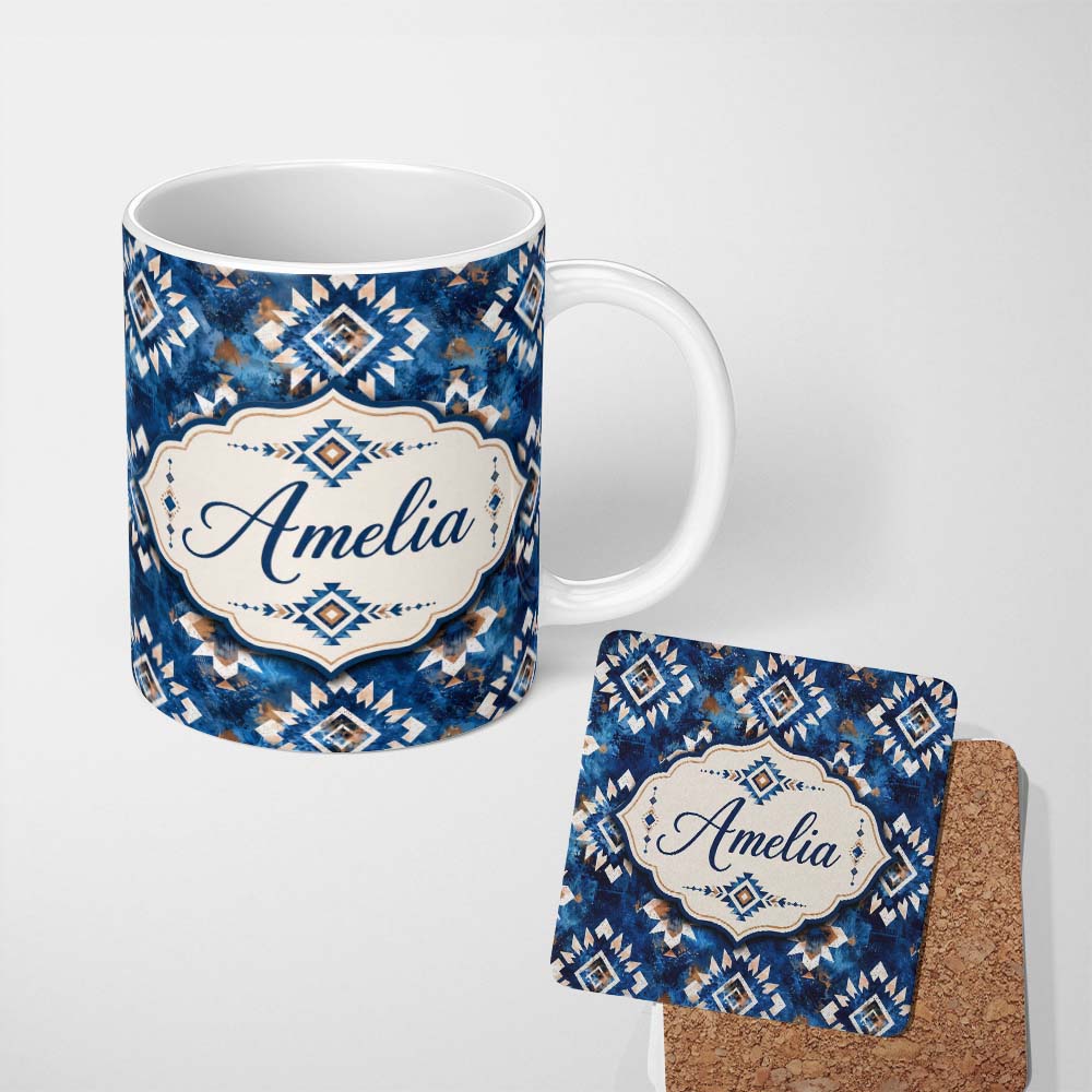 Personalized Custom Name Deep Blue Artistic Tribal Aztec Seamless Pattern Cute Unique Gift 11oz Ceramic Coffee Tea Mug White Large Handle