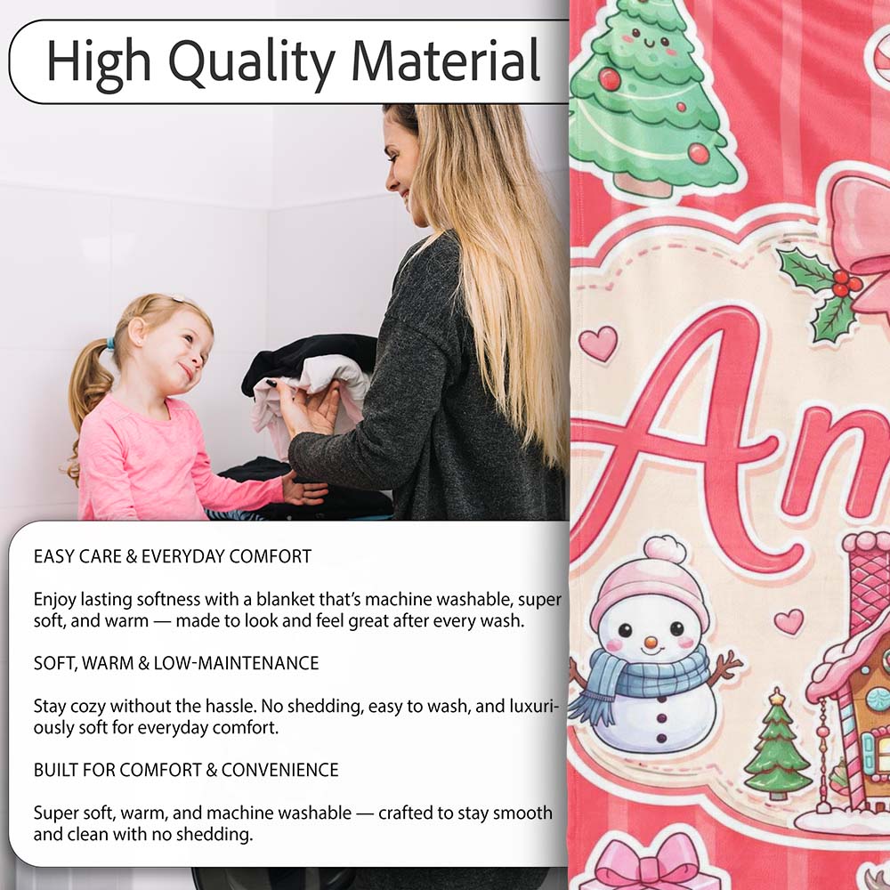 Cute Christmas Festive Stickers Gingerbread House Tree Red Stripe Personalised Custom Name Super Soft Fleece Blanket Bed Sofa Throw
