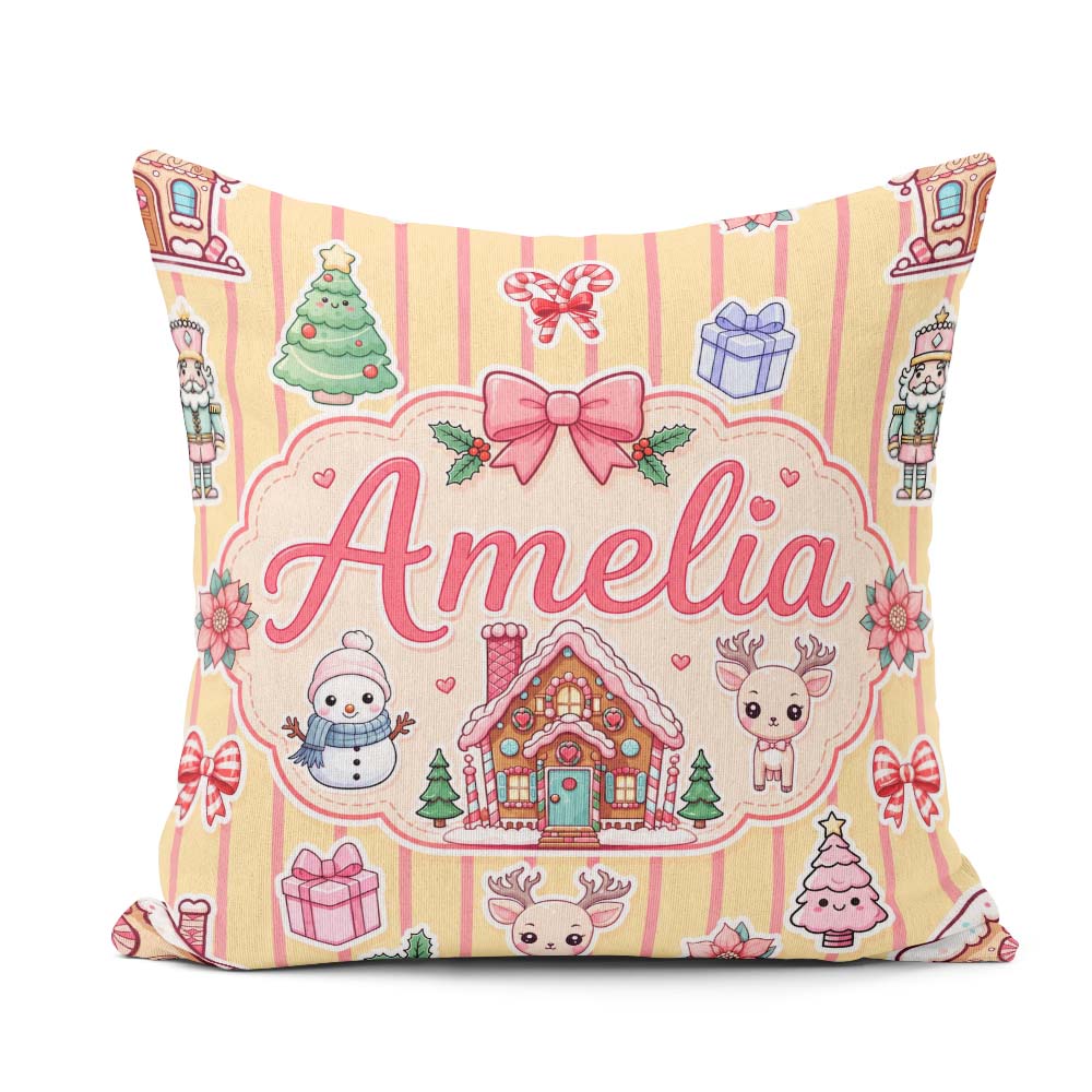 Custom Name Christmas Festive Stickers House Tree Yellow Stripe Square Filled Cushion Throw Pillow Sofa Bed Home Decor Zip Washable UK Made