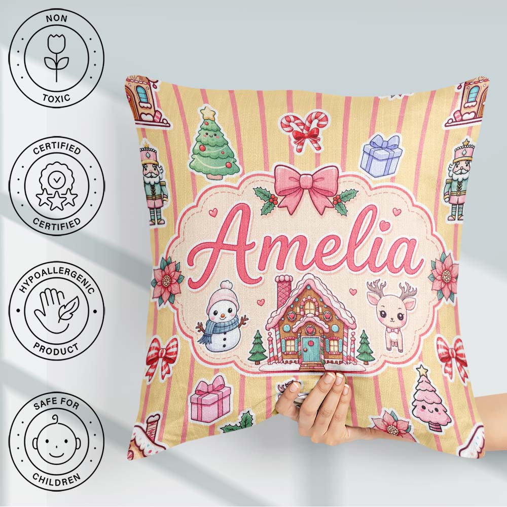 Custom Name Christmas Festive Stickers House Tree Yellow Stripe Square Filled Cushion Throw Pillow Sofa Bed Home Decor Zip Washable UK Made