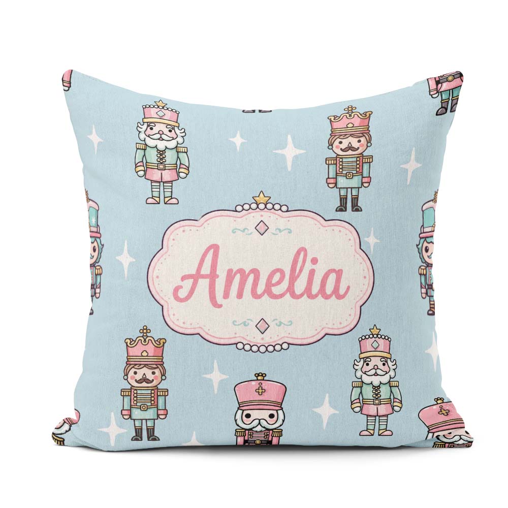 Custom Name Nutcracker Soldiers Toy Characters Pattern Soft Blue Square Filled Cushion Throw Pillow Sofa Bed Home Decor Zip Washable UK Made