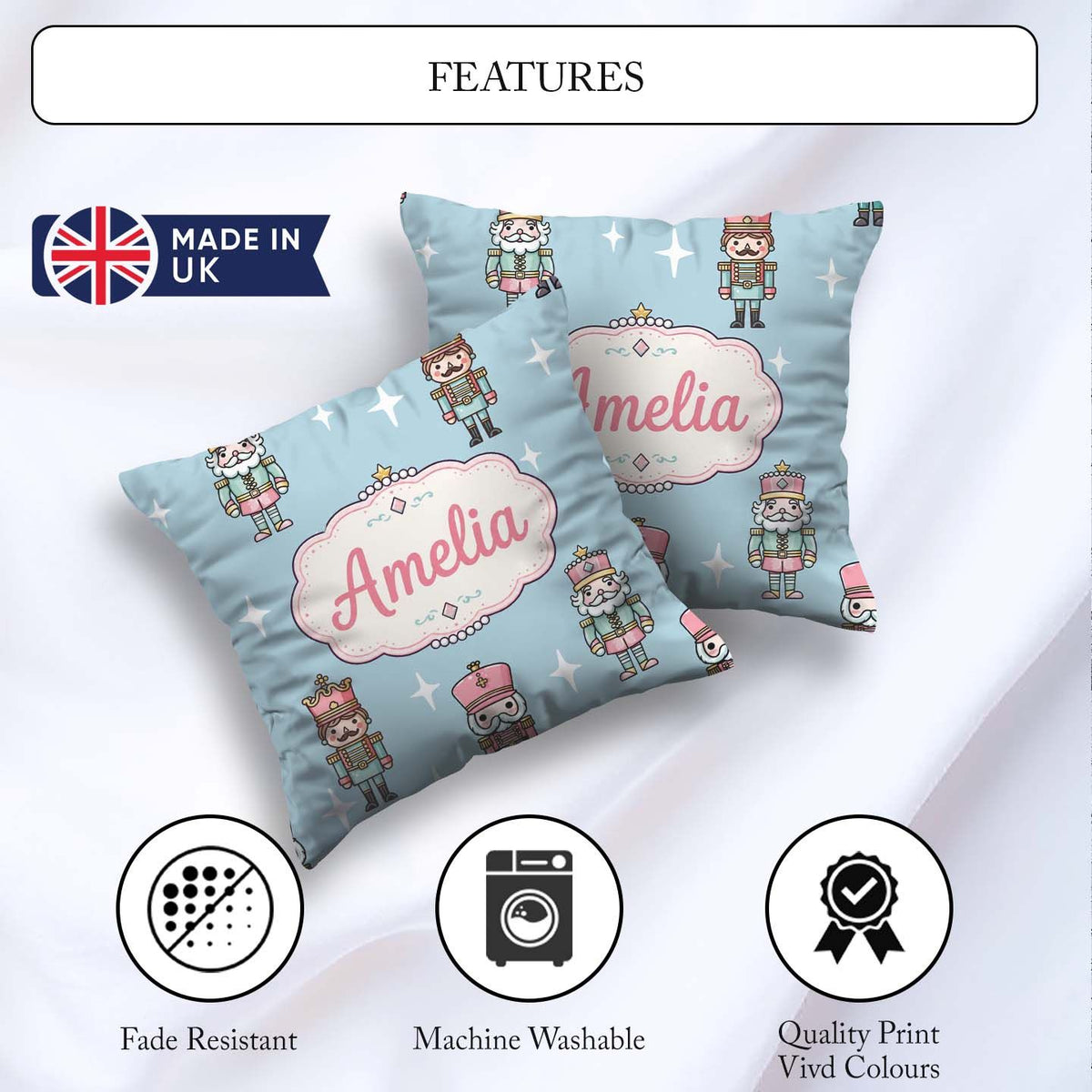 Custom Name Nutcracker Soldiers Toy Characters Pattern Soft Blue Square Filled Cushion Throw Pillow Sofa Bed Home Decor Zip Washable UK Made