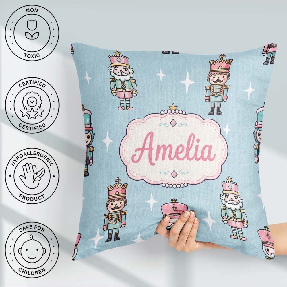 Custom Name Nutcracker Soldiers Toy Characters Pattern Soft Blue Square Filled Cushion Throw Pillow Sofa Bed Home Decor Zip Washable UK Made