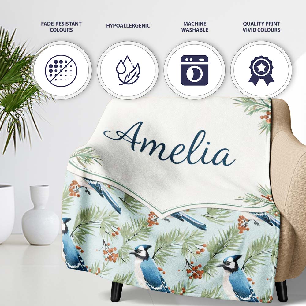 Blue Jay Bird Watercolor Branch Artistic Nature Background Design Personalised Custom Name Super Soft Fleece Blanket Bed Sofa Throw