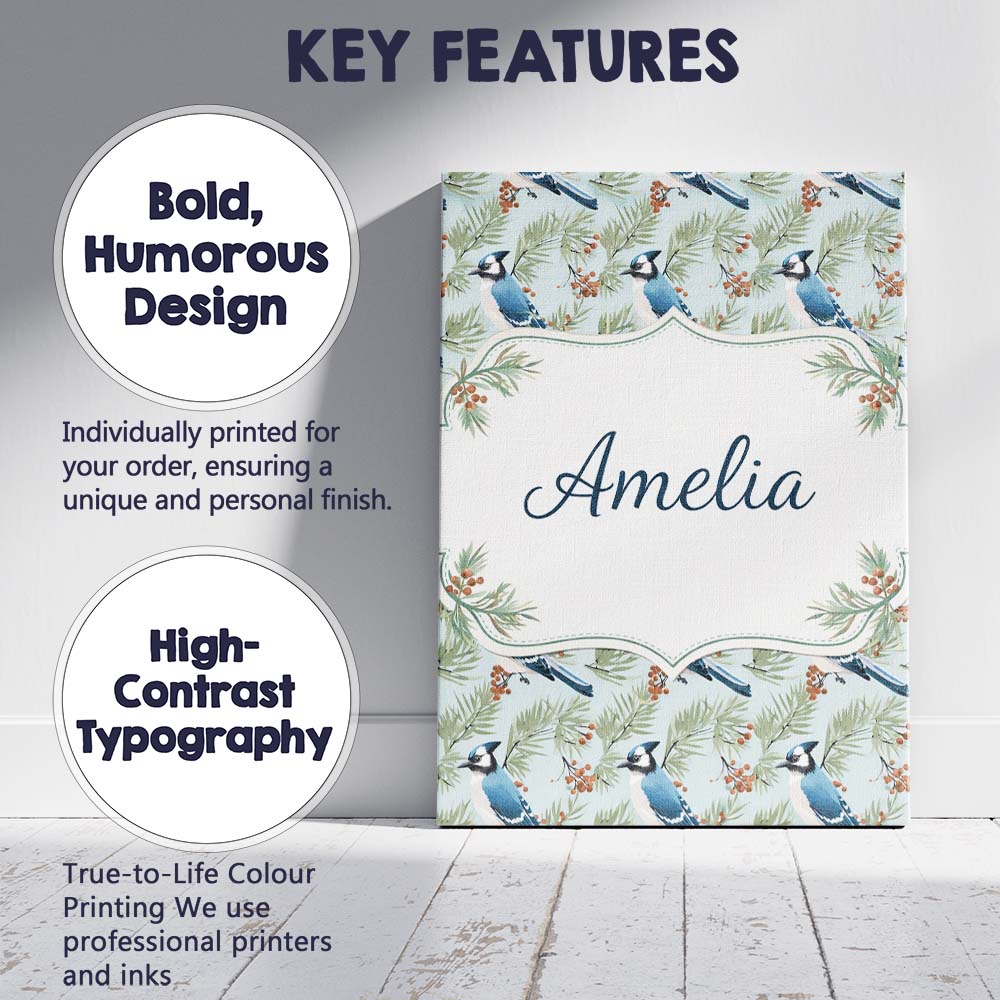 Personalised Name Blue Jay Bird Watercolor Branch Artistic Nature Custom Bespoke Canvas Wall Art Print Decor Picture Ready to Hang