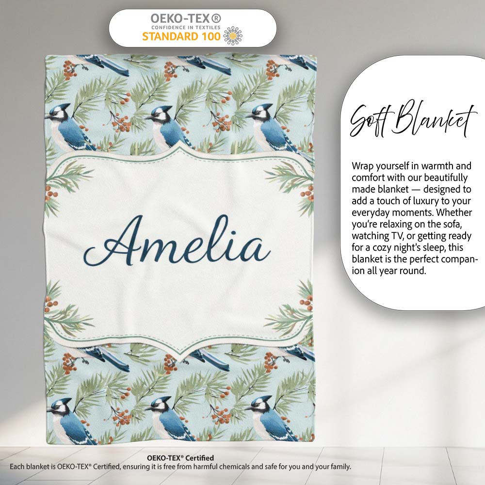 Blue Jay Bird Watercolor Branch Artistic Nature Background Design Personalised Custom Name Super Soft Fleece Blanket Bed Sofa Throw