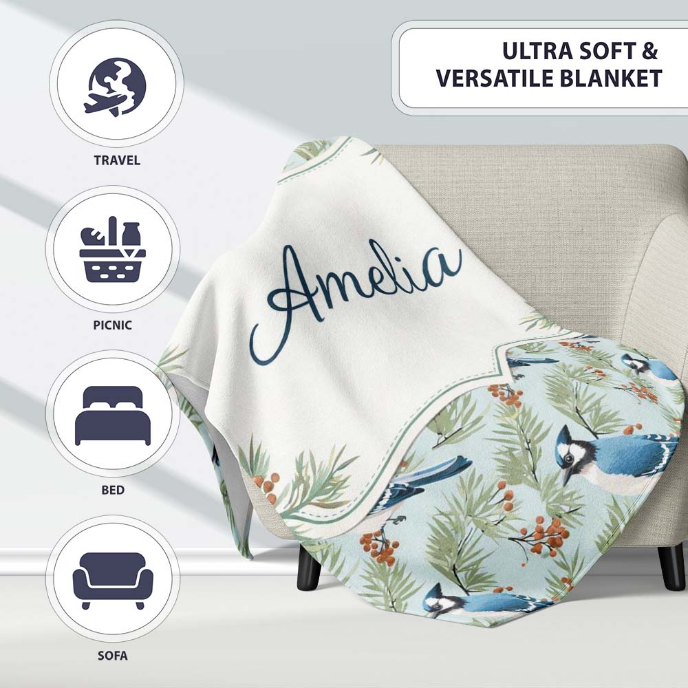 Blue Jay Bird Watercolor Branch Artistic Nature Background Design Personalised Custom Name Super Soft Fleece Blanket Bed Sofa Throw